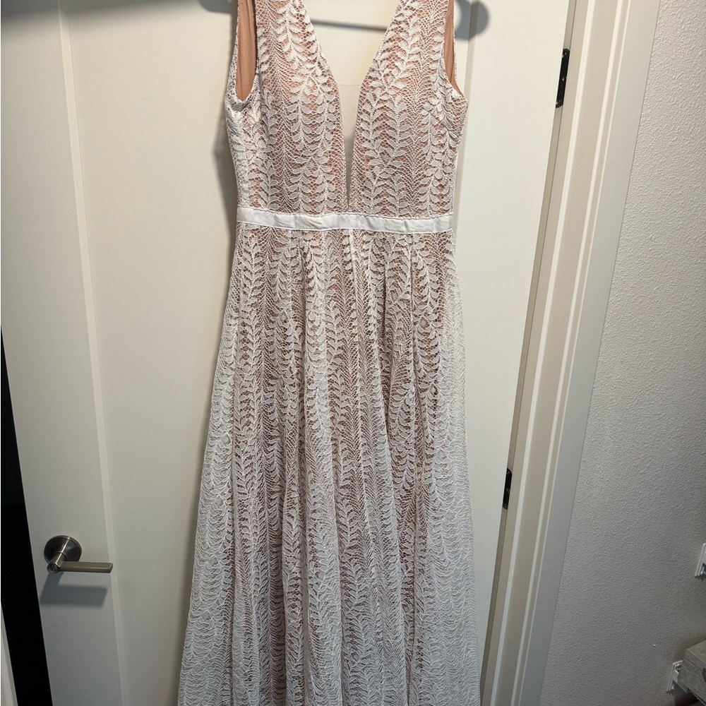 Sleeveless White Lace Maxi Dress with Nude Lining